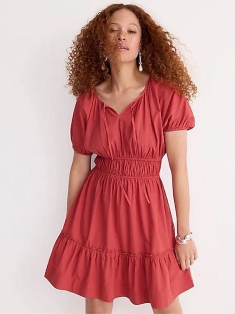 J. Crew Coral 100% Cotton Cinched Waist Poplin Smocked Mini Puff Sleeve Dress XS